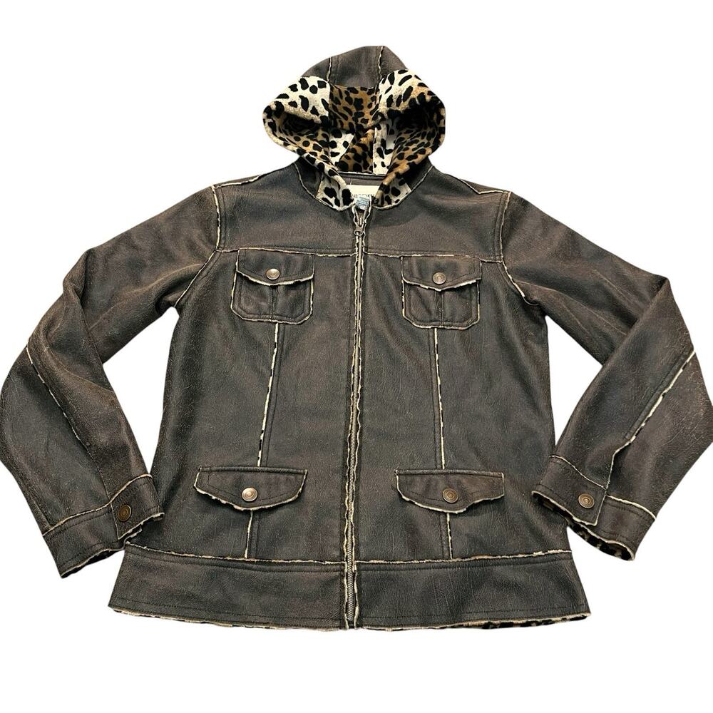 Y2K Vintage Cherokee Girls Faux Leather Jacket XL Hooded Leopard Faux Fur Lining